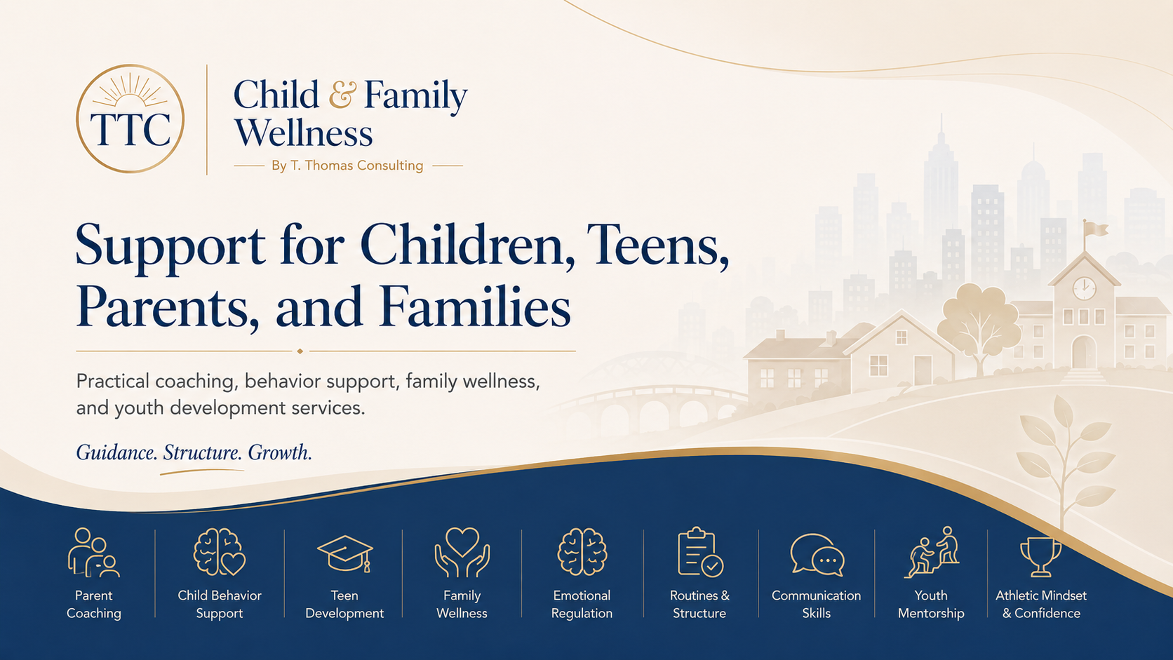 Services page banner for Child & Family Wellness by T. Thomas Consulting featuring the TTC logo and icons for parent coaching, child behavior support, teen development, family wellness, emotional regulation, routines, communication, youth mentorship, and athletic mindset support.